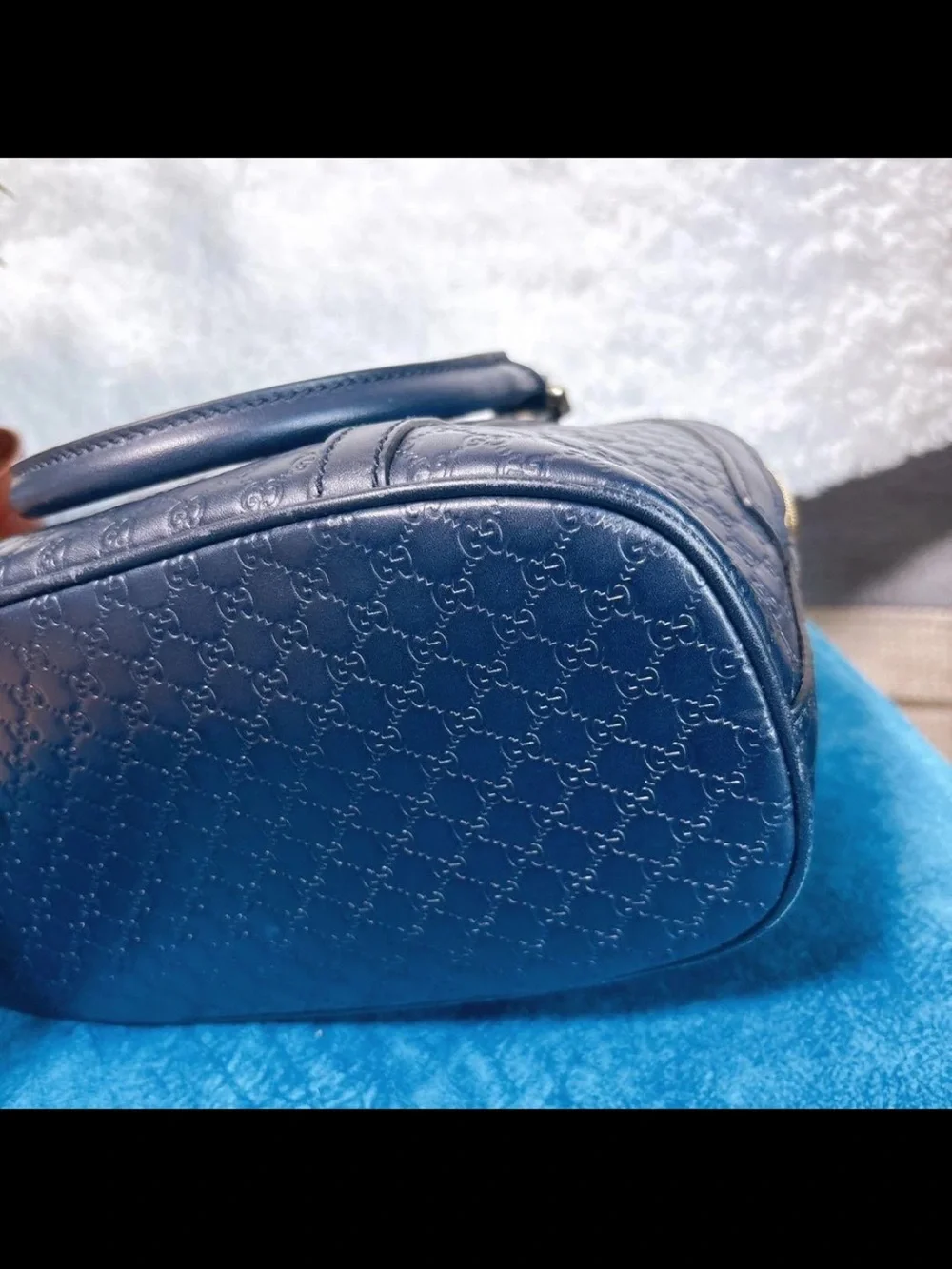 Gucci Navy Embossed GG Dome Satchel with Gold Hardware